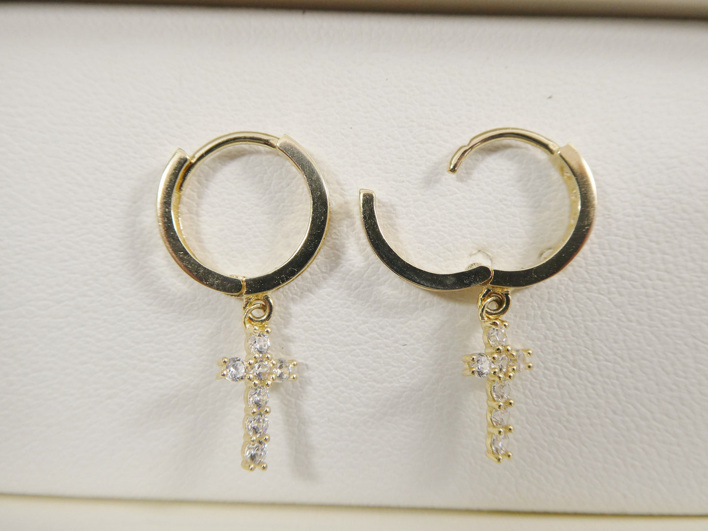 10k real solid yellow gold full prong setting cross dangle on huggie hoop fancy earring