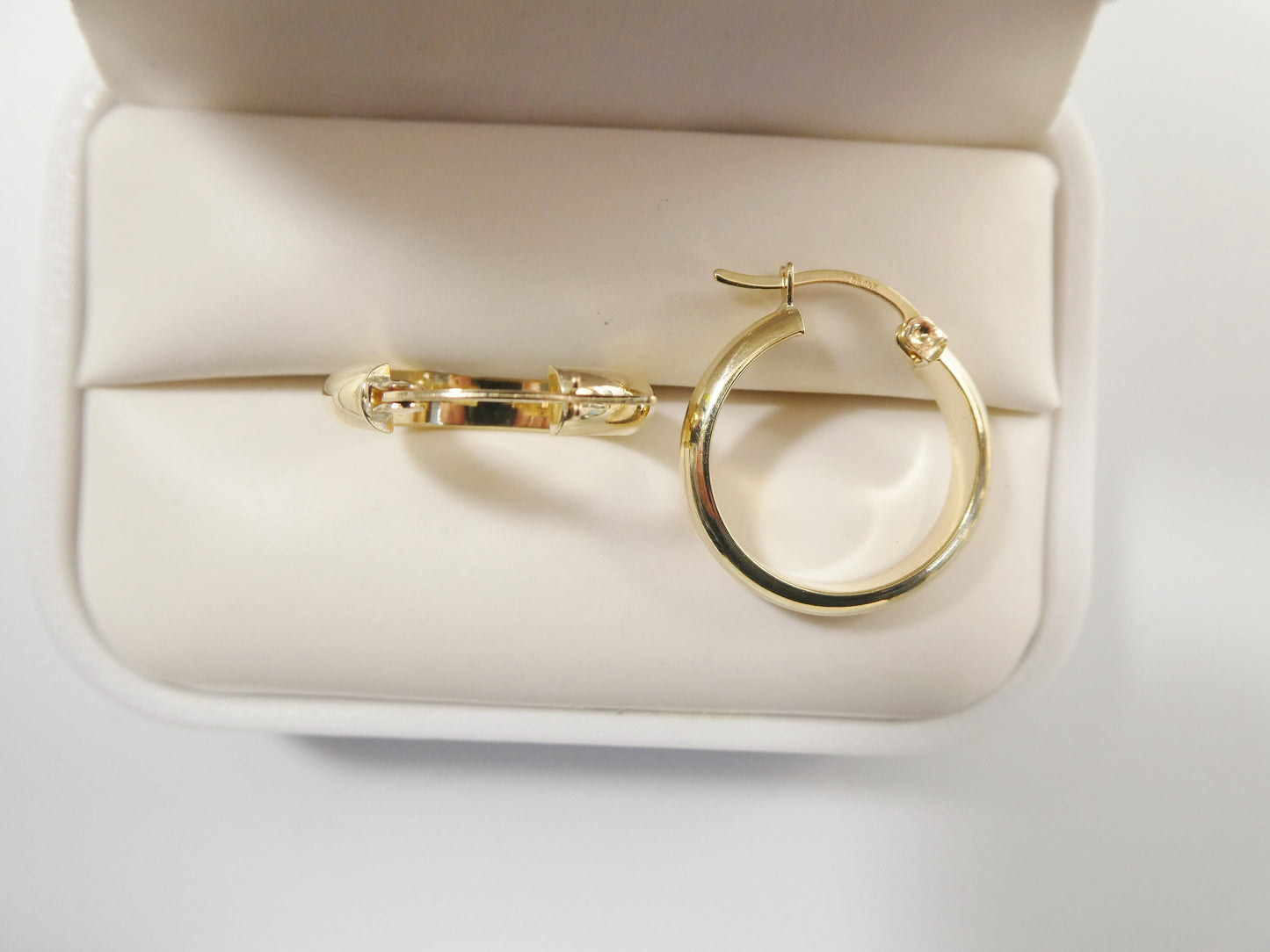 14K real solid yellow gold half flat hoop earring snap closure super high polish finish