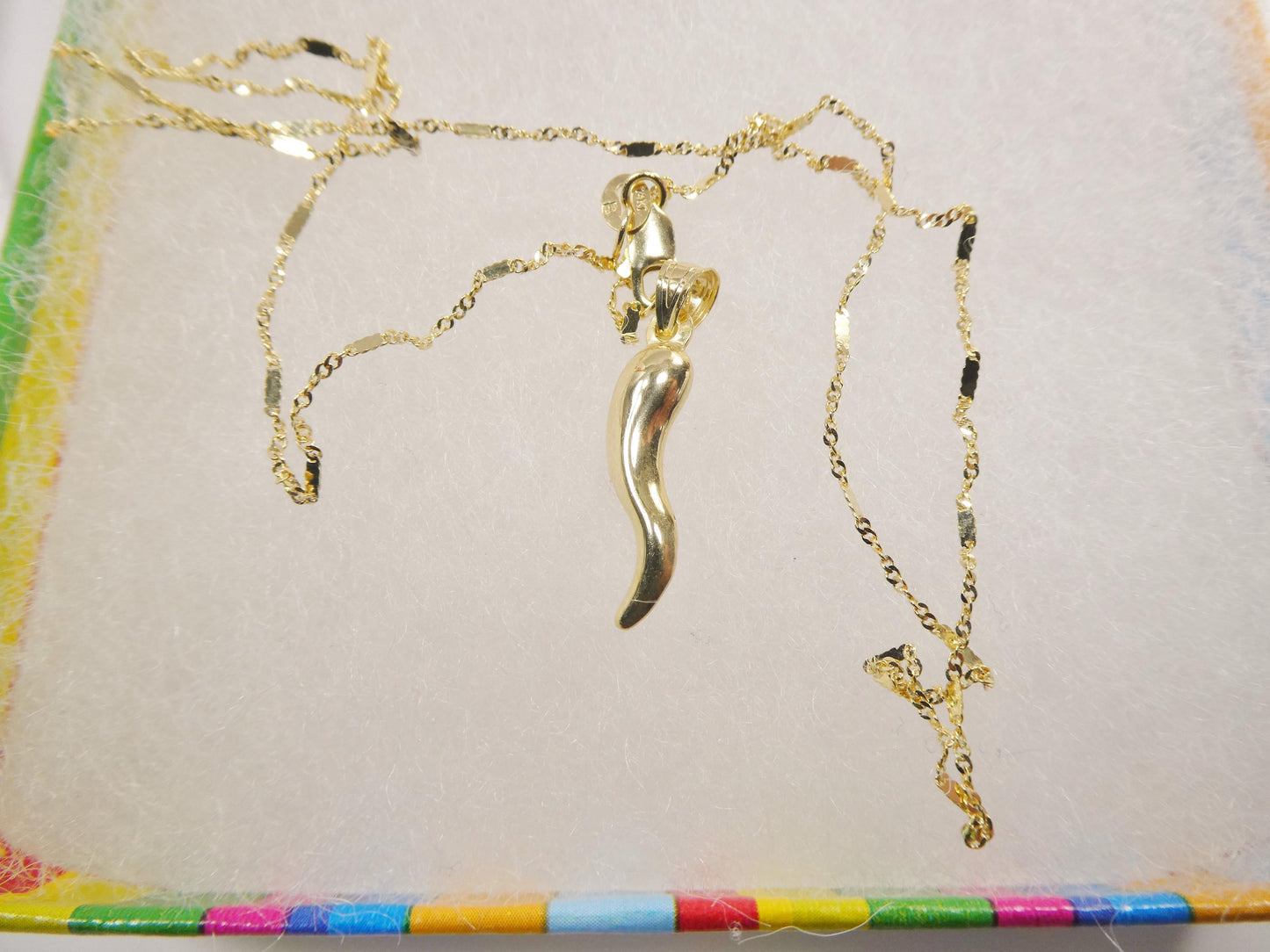 14k real solid yellow gold horn pendent and flat cable necklace