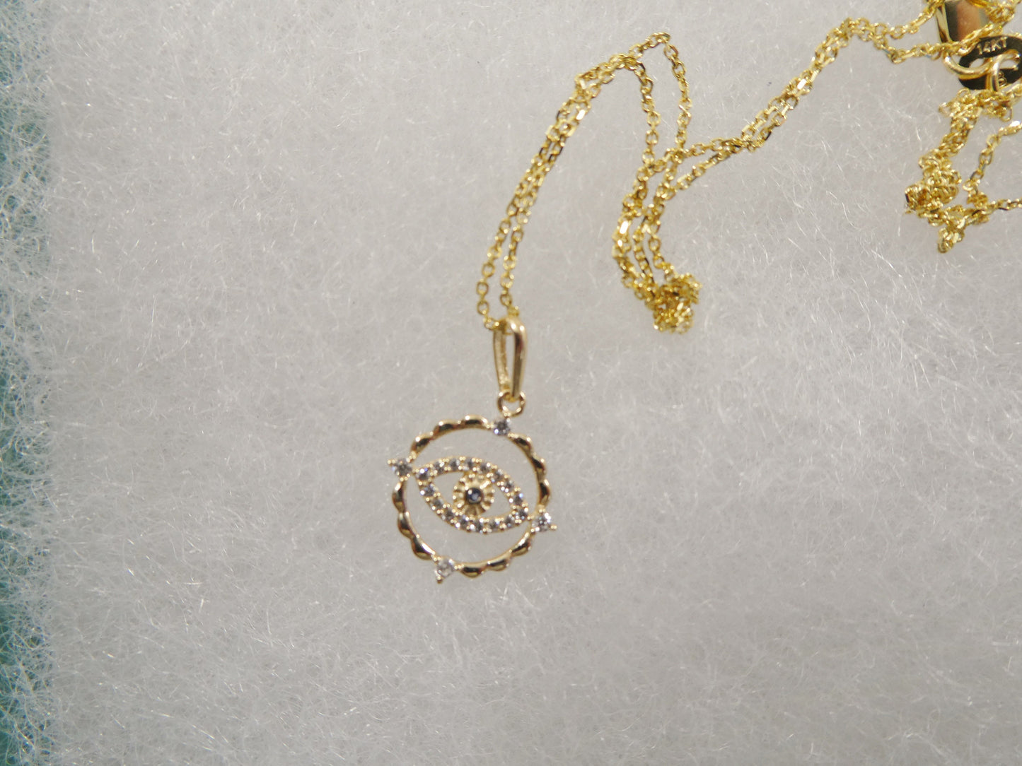 14k real solid yellow gold evil eye pendent and cable necklace