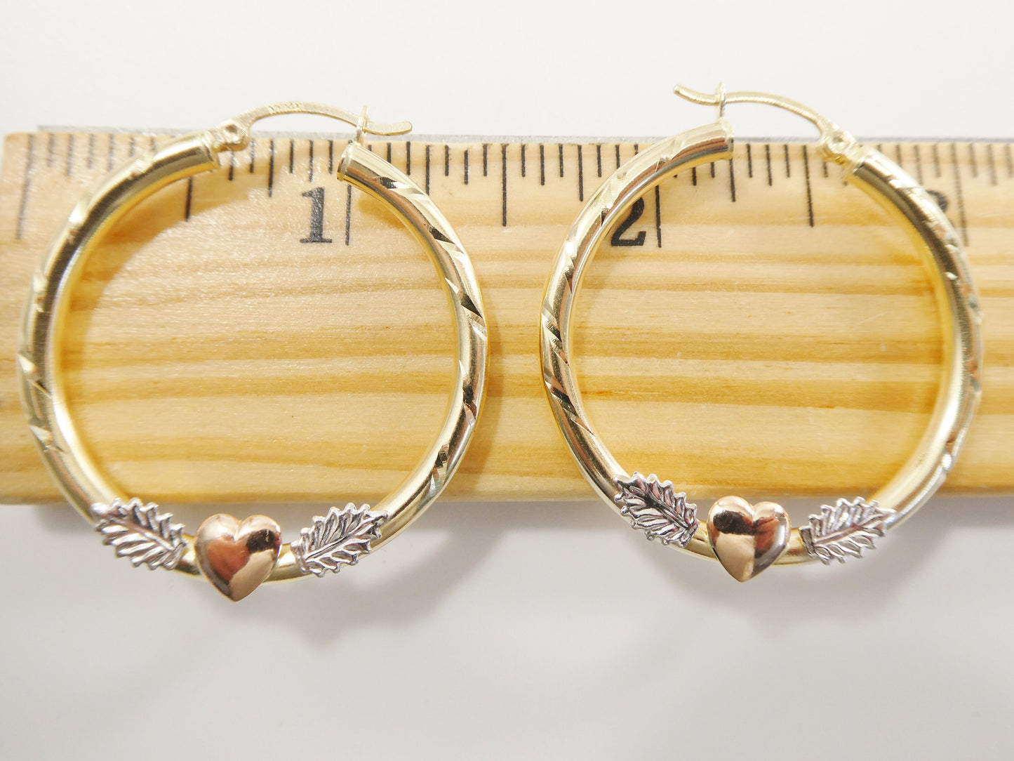14K real solid yellow gold 3mm /25mm/35MM tri color heart center snap hoop earring