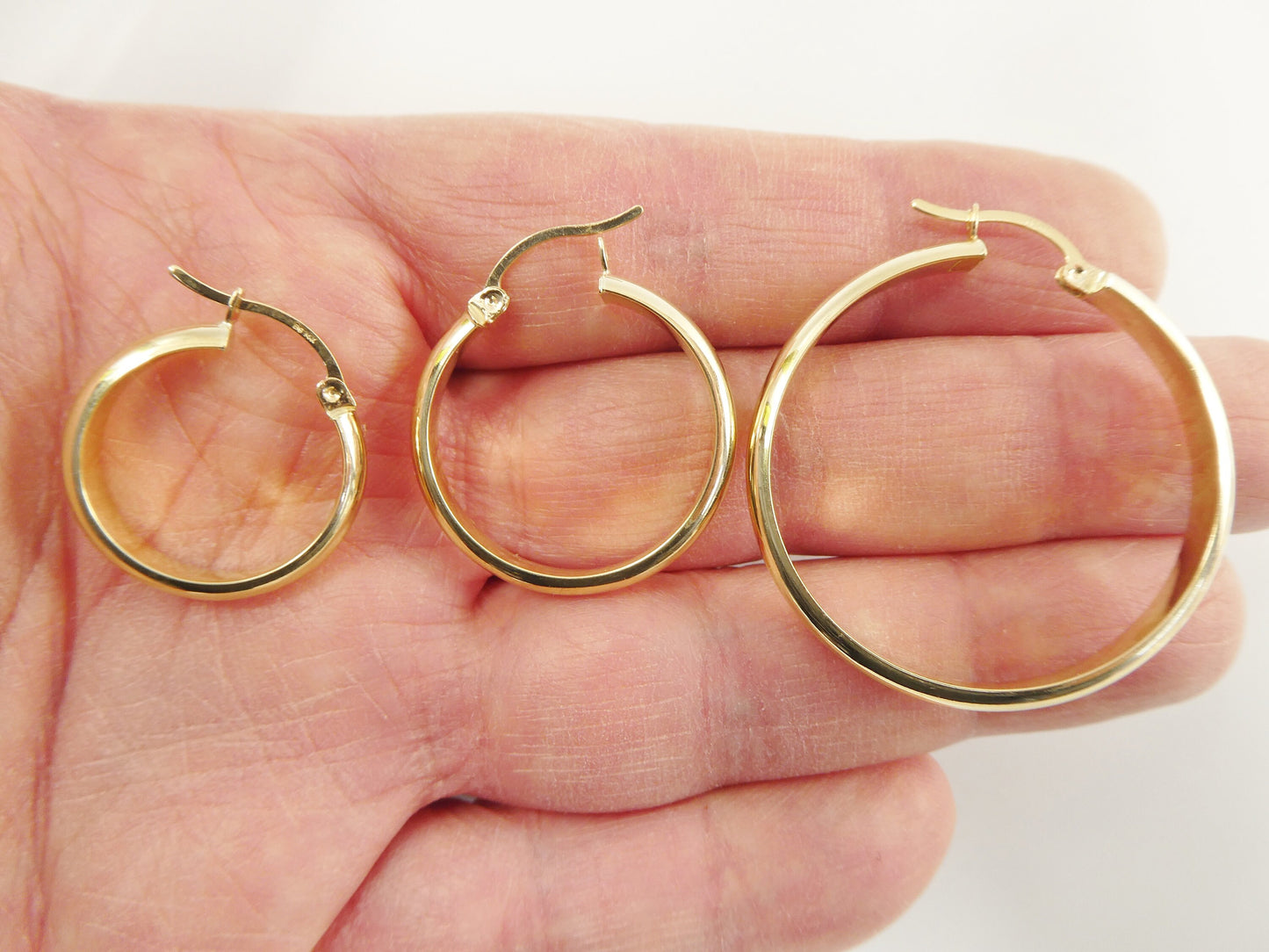 14K real solid yellow gold half flat hoop earring snap closure super high polish finish