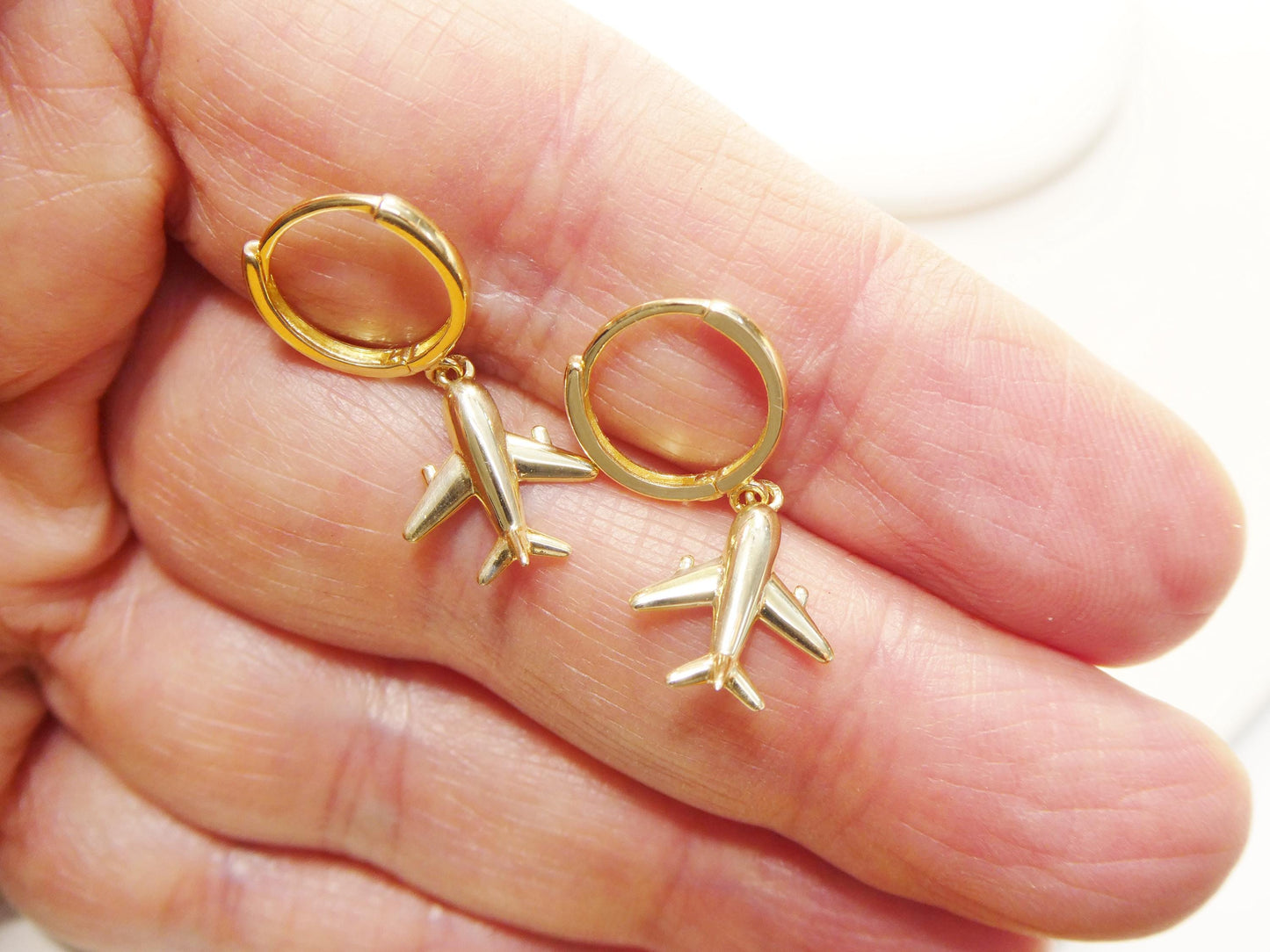 real 10k solid yellow gold airplane hoop huggies earrings