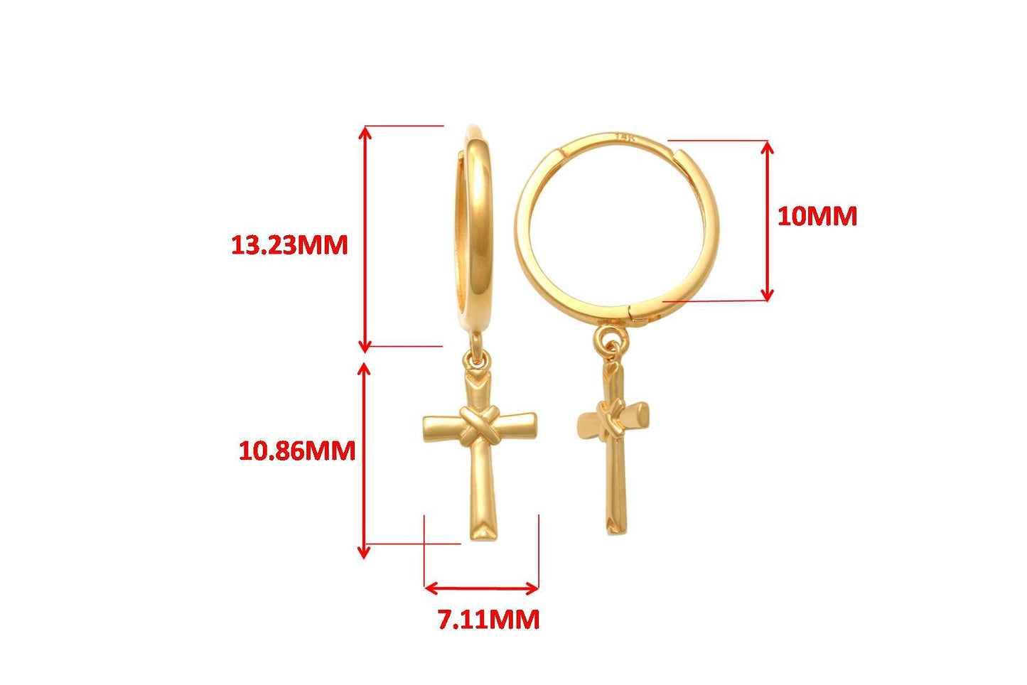 real 10k solid yellow gold hoop huggie dangle plain cross earring