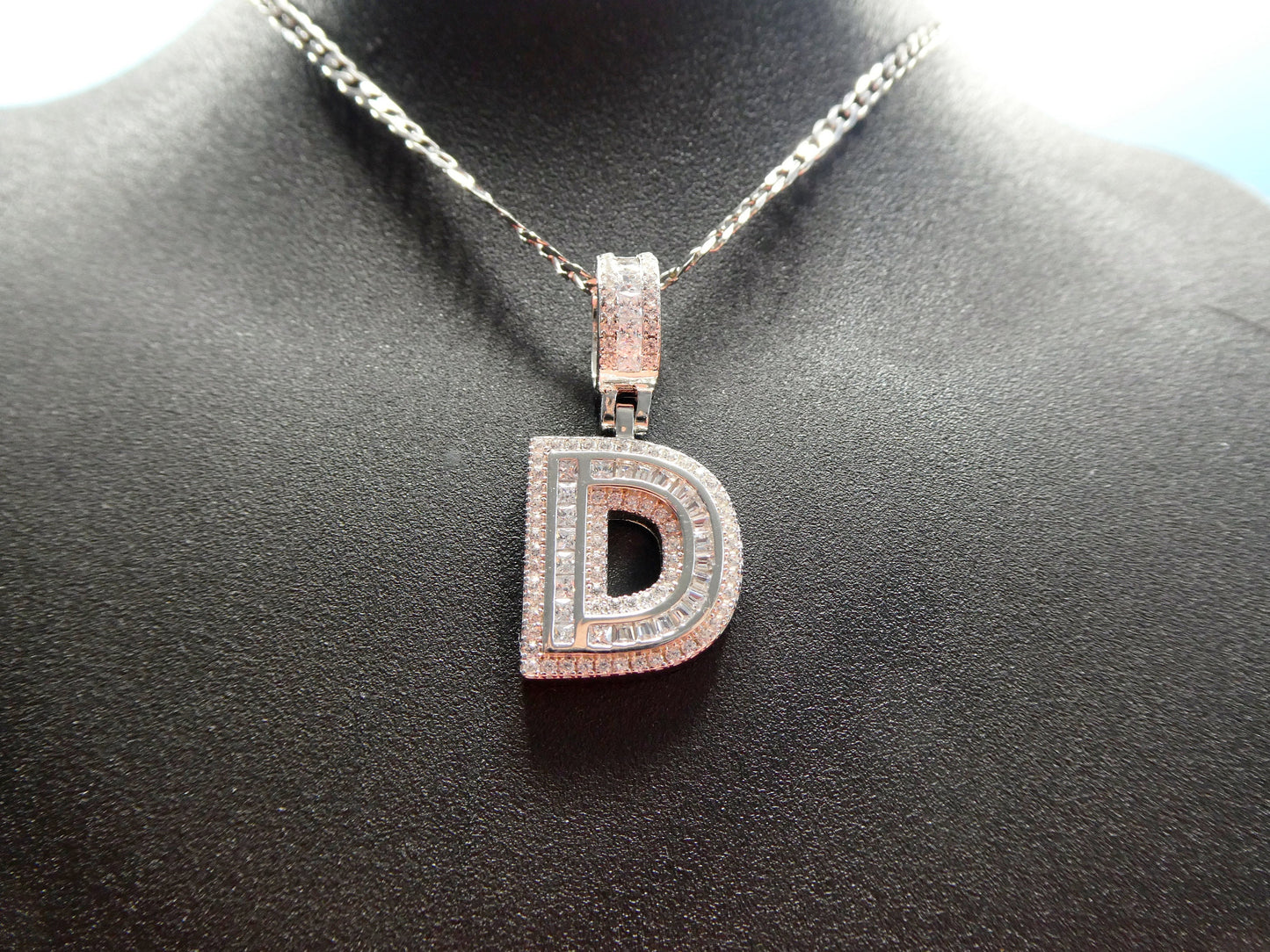 real 925 sterling silver baguette initial pendent with 18 inch small Miami chain