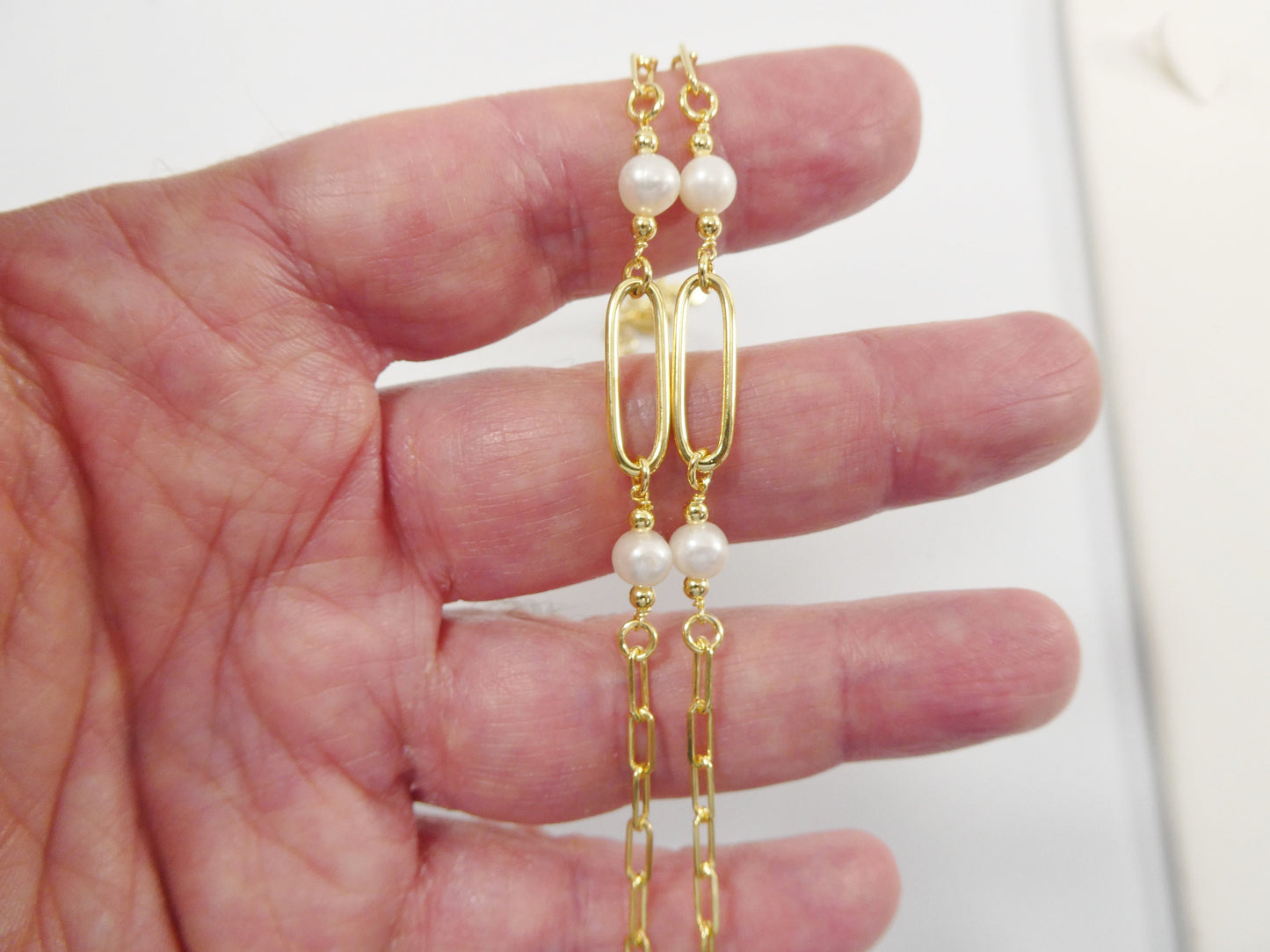16 inch W/ 2 INCH EXTENTION pearl / paper clip necklace real 925 sterling silver 14k gold color finish
