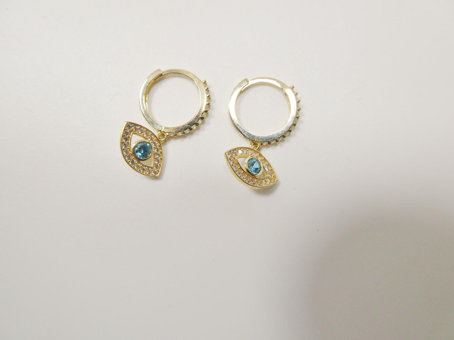 real 10k solid yellow gold evil eye drop hoop huggie earrings