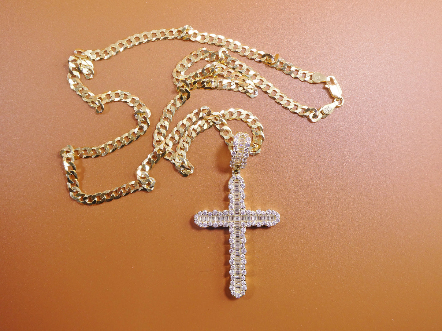 14k yellow gold color tone chain and cross charm pendent over real 925 sterling silver