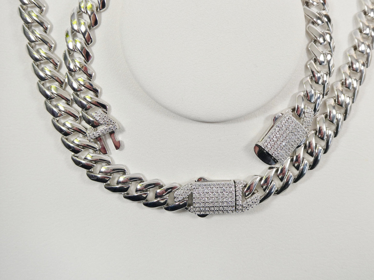 11mm real 925 sterling silver Monaco style bracelet and necklace 14k white gold finish