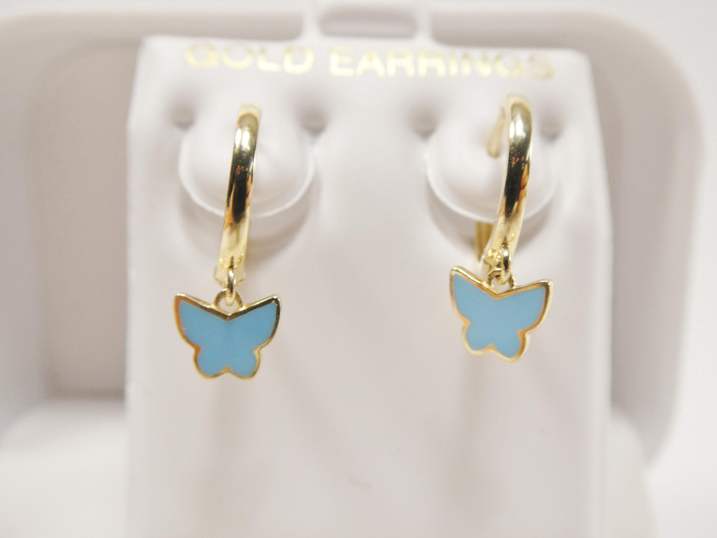 real 10k solid yellow gold enamel drop butterfly hoop huggie earring