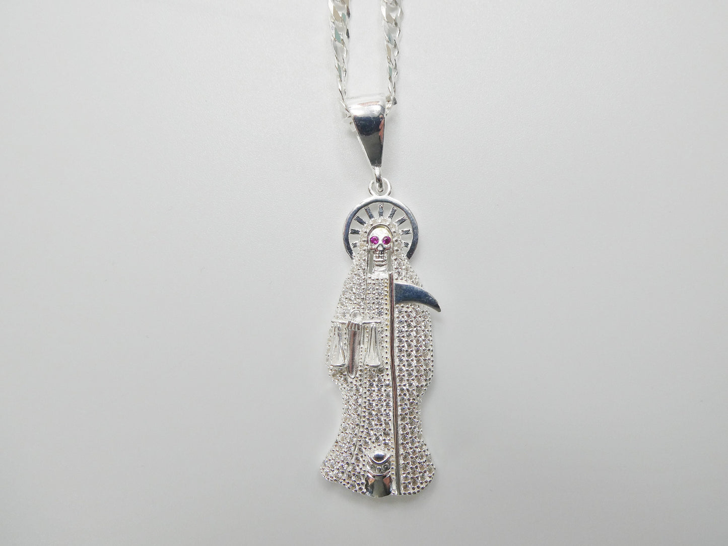 real 925 sterling silver 22 inch flat chain and large santa muerte pendent charm