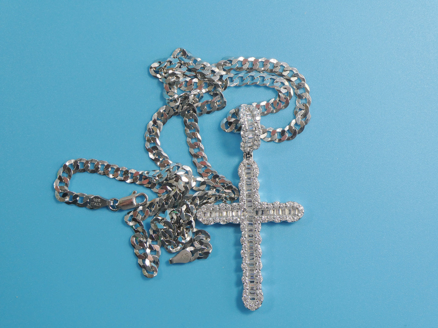 14k white gold color tone chain and large cross charm pendent over real 925 sterling silver
