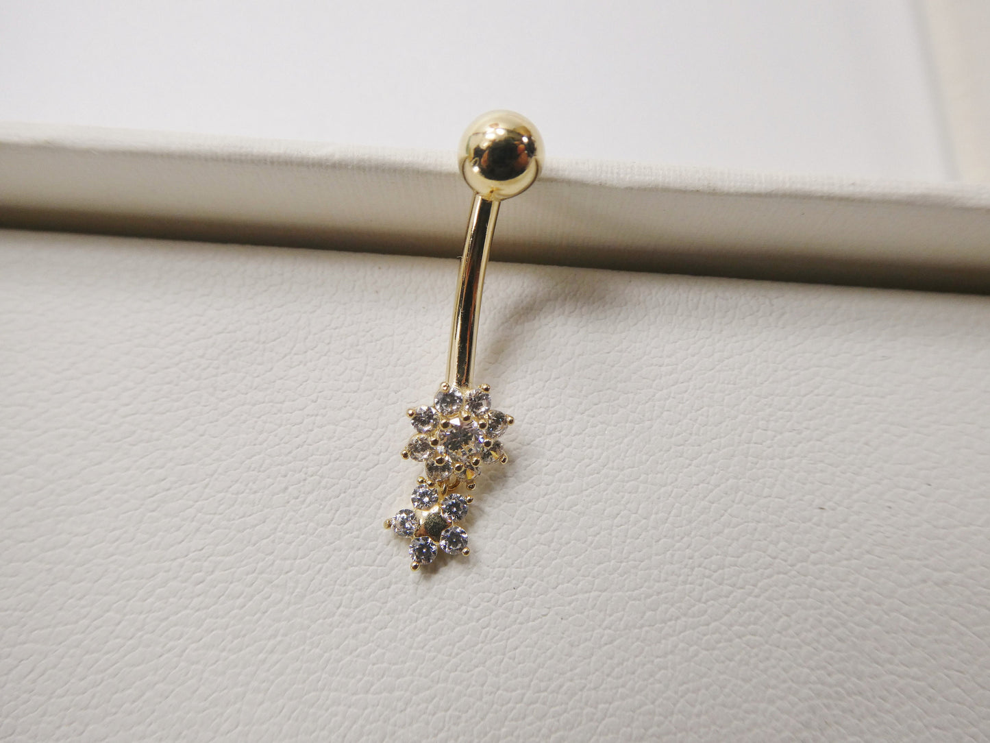 14k real solid yellow gold flower bar belly button ring piercing