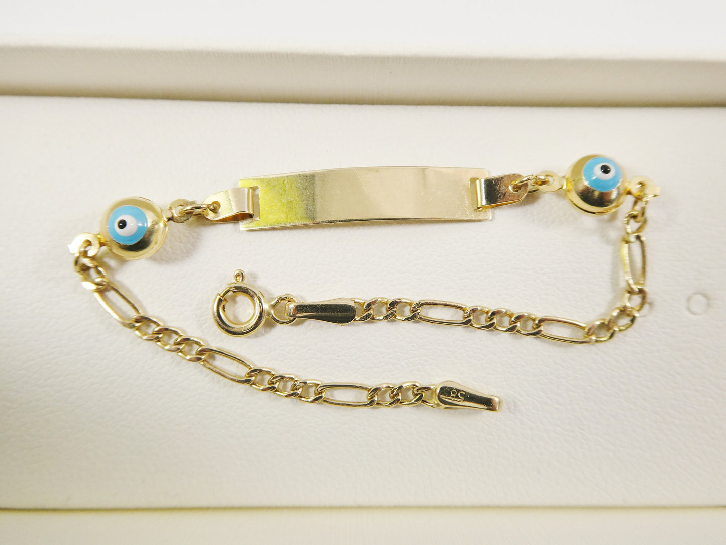 14K real solid yellow gold 5.5 inch Figaro style evil eye baby ID bracelet