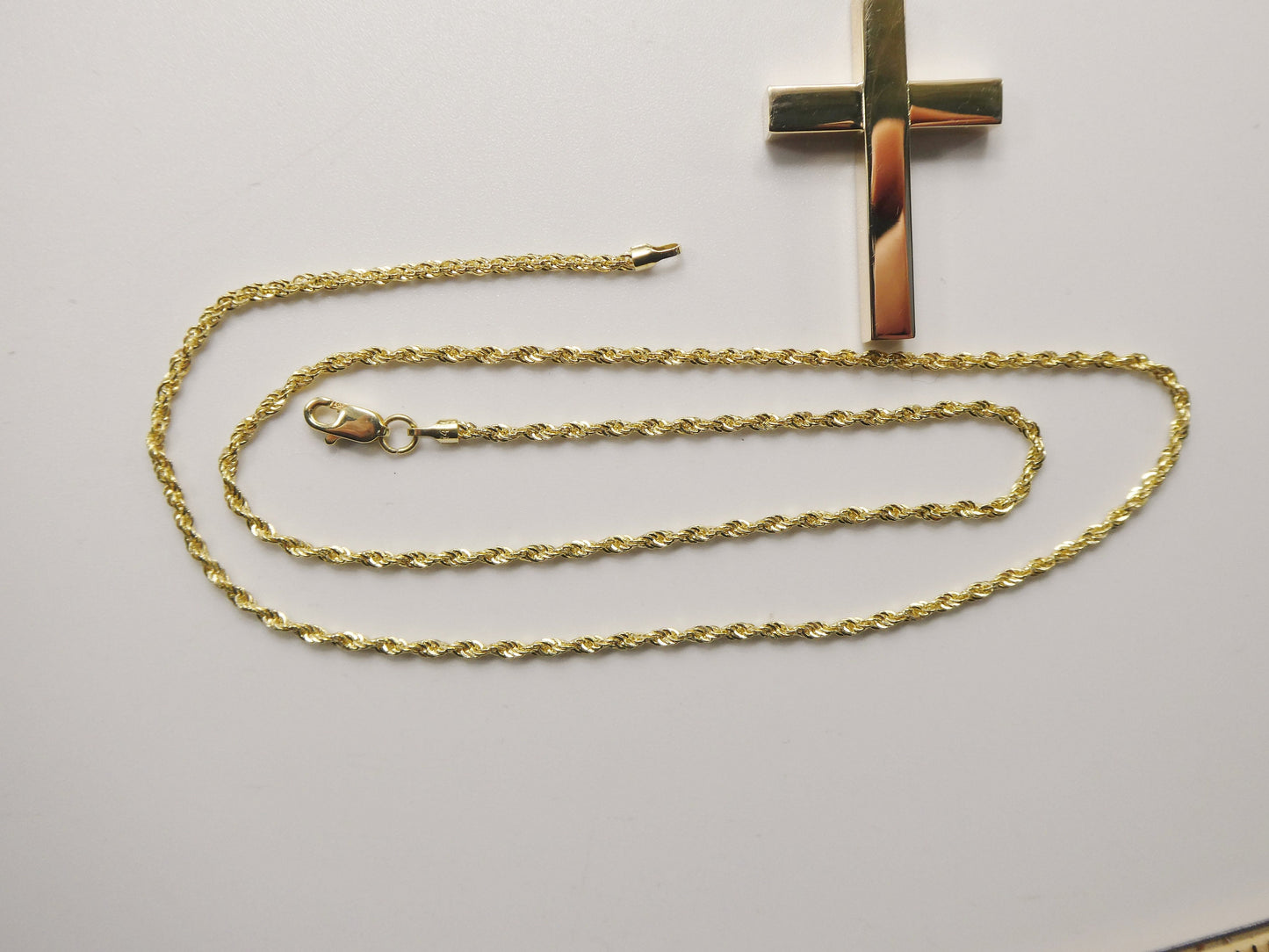 14k real solid yellow gold super high polish cross pendent and robe necklace
