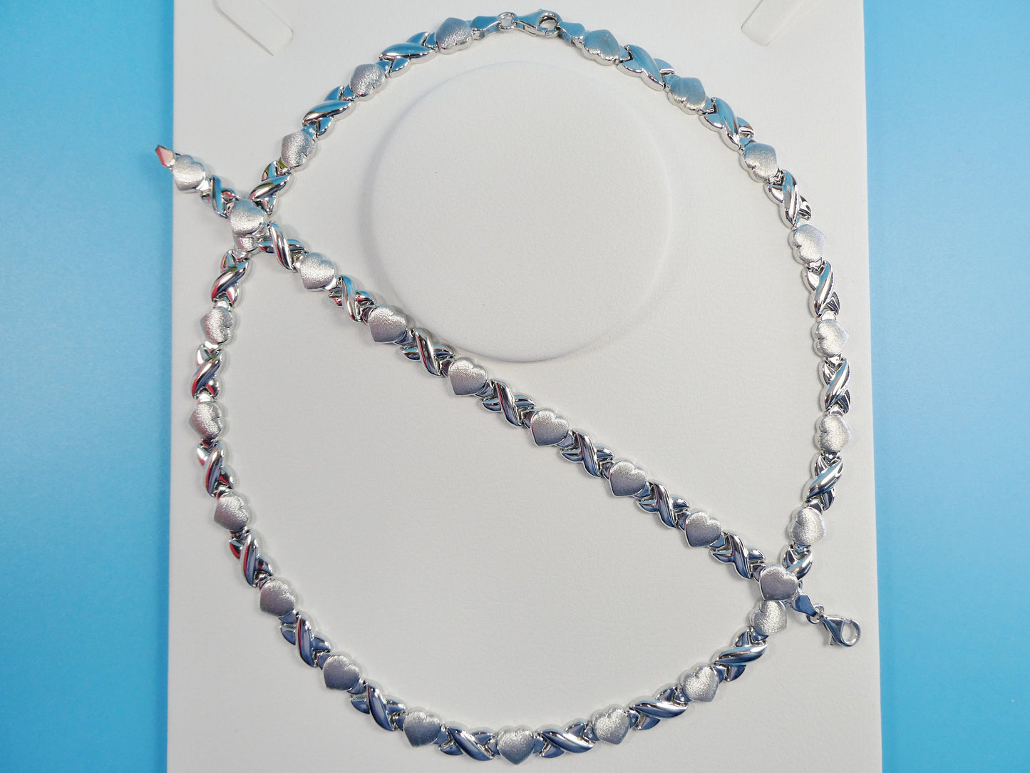 14k white gold color tone set necklace and bracelet xo heart satin finish over real 925 sterling silver