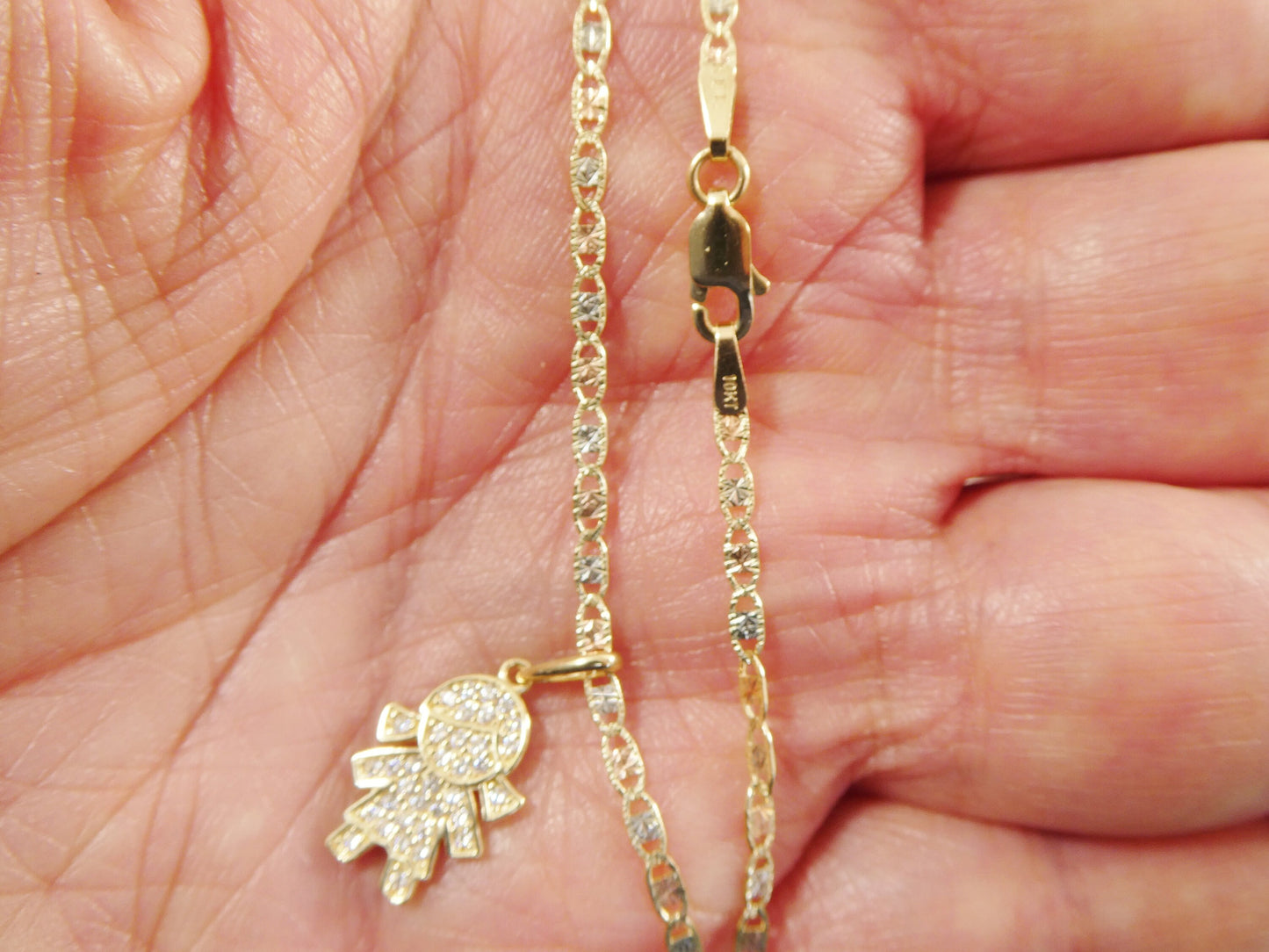 10k real solid yellow gold small girl pendent and 16 inch Valentino necklace