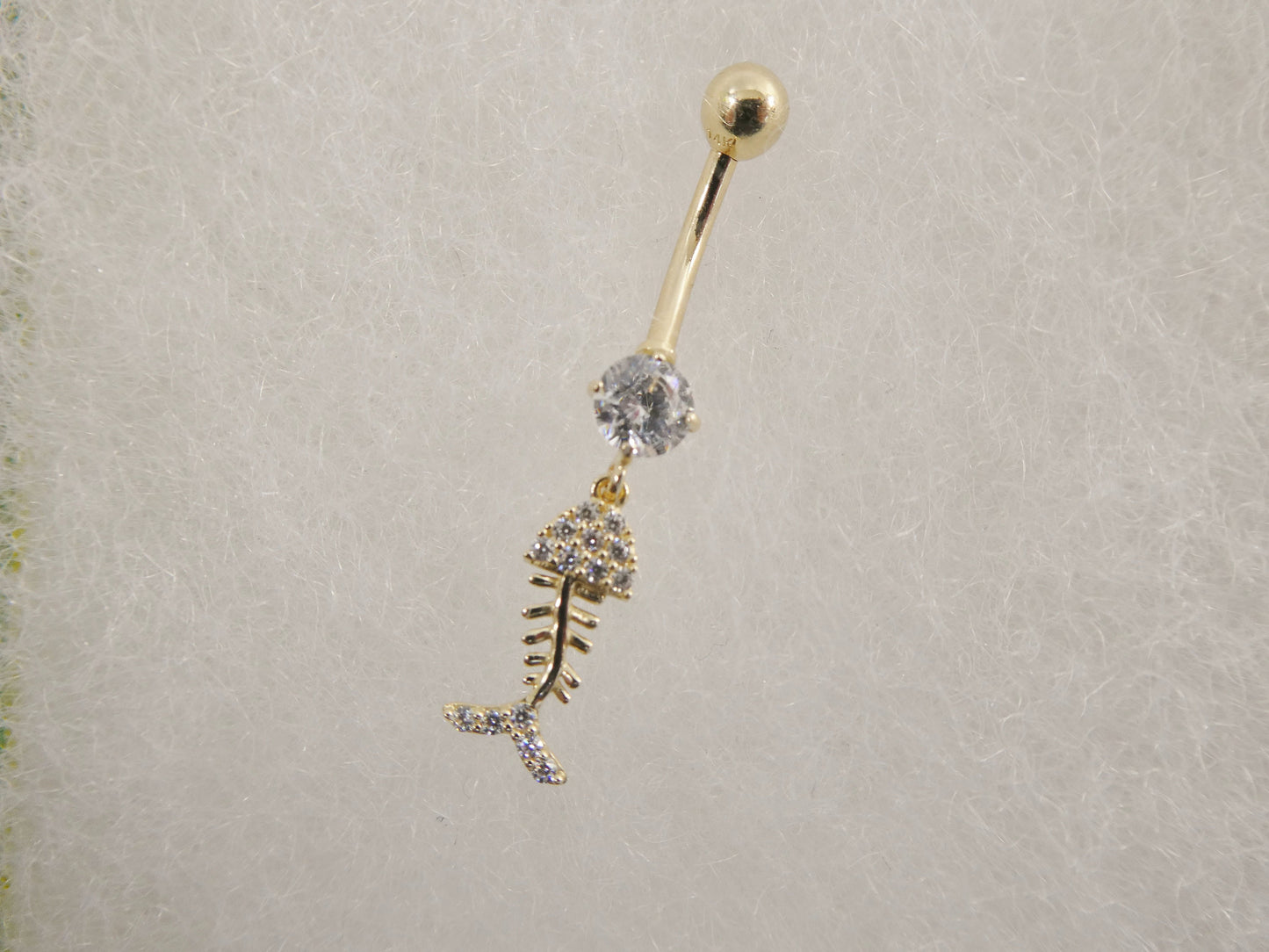 14k real solid yellow gold fish skeleton dangling belly button ring piercing