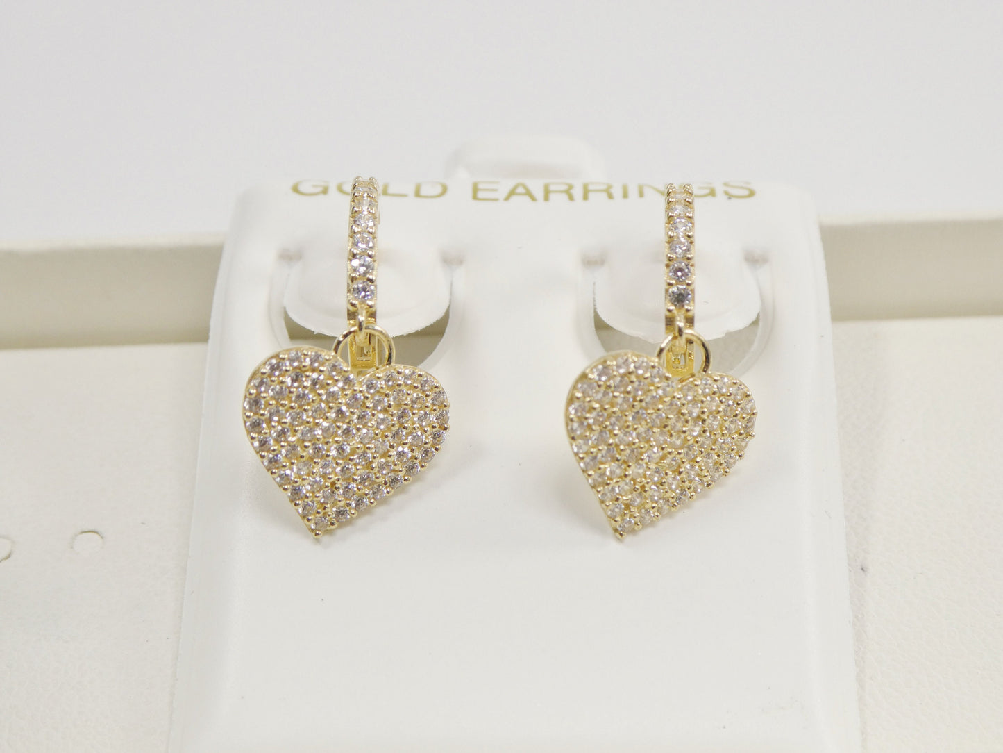 real 10k solid yellow gold dangle heart full micro fave setting hoop huggie earring