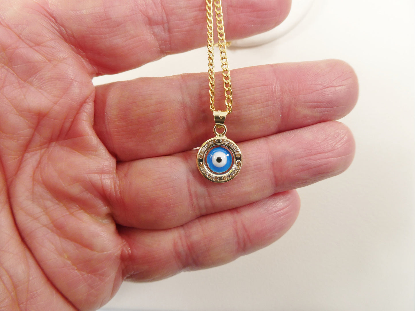 real 14k solid yellow gold 16 inch curb chain and evil eye pendent charm