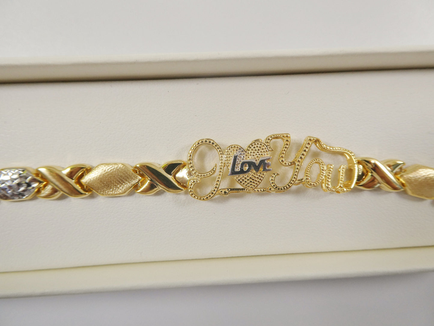 real 925 sterling silver I love you xo xo stampato bracelet 14k yellow gold two tone finish