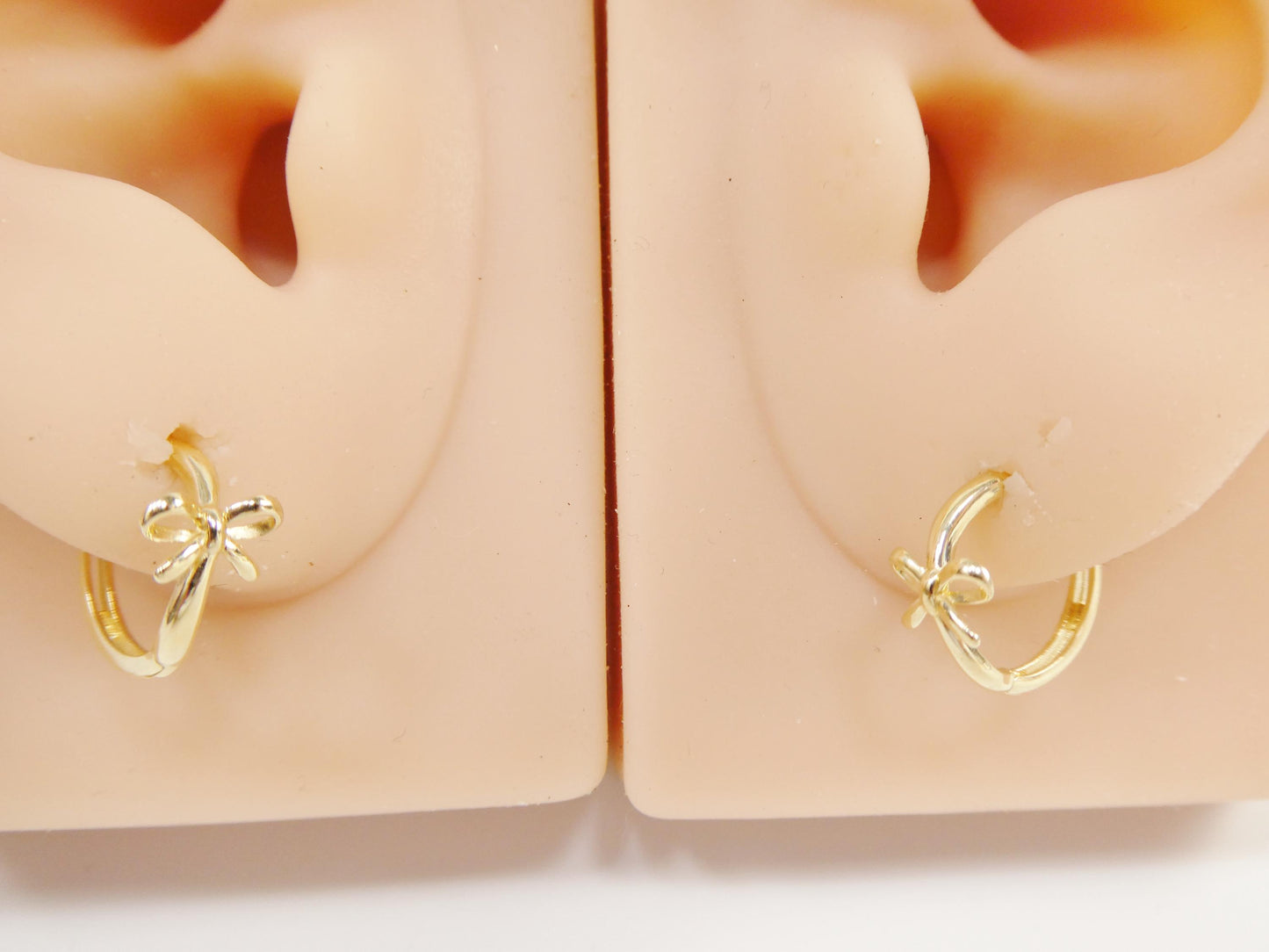 real 10k solid yellow gold designer bow hoop huggie earrings