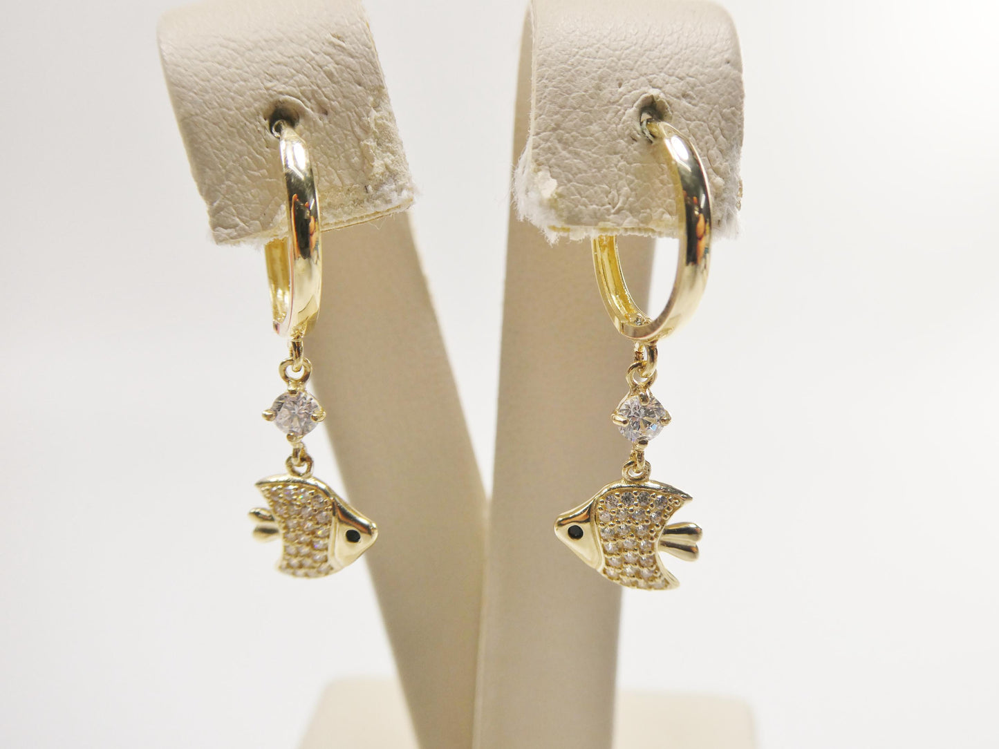 real 10k solid yellow gold fish dangling hoop huggie earring