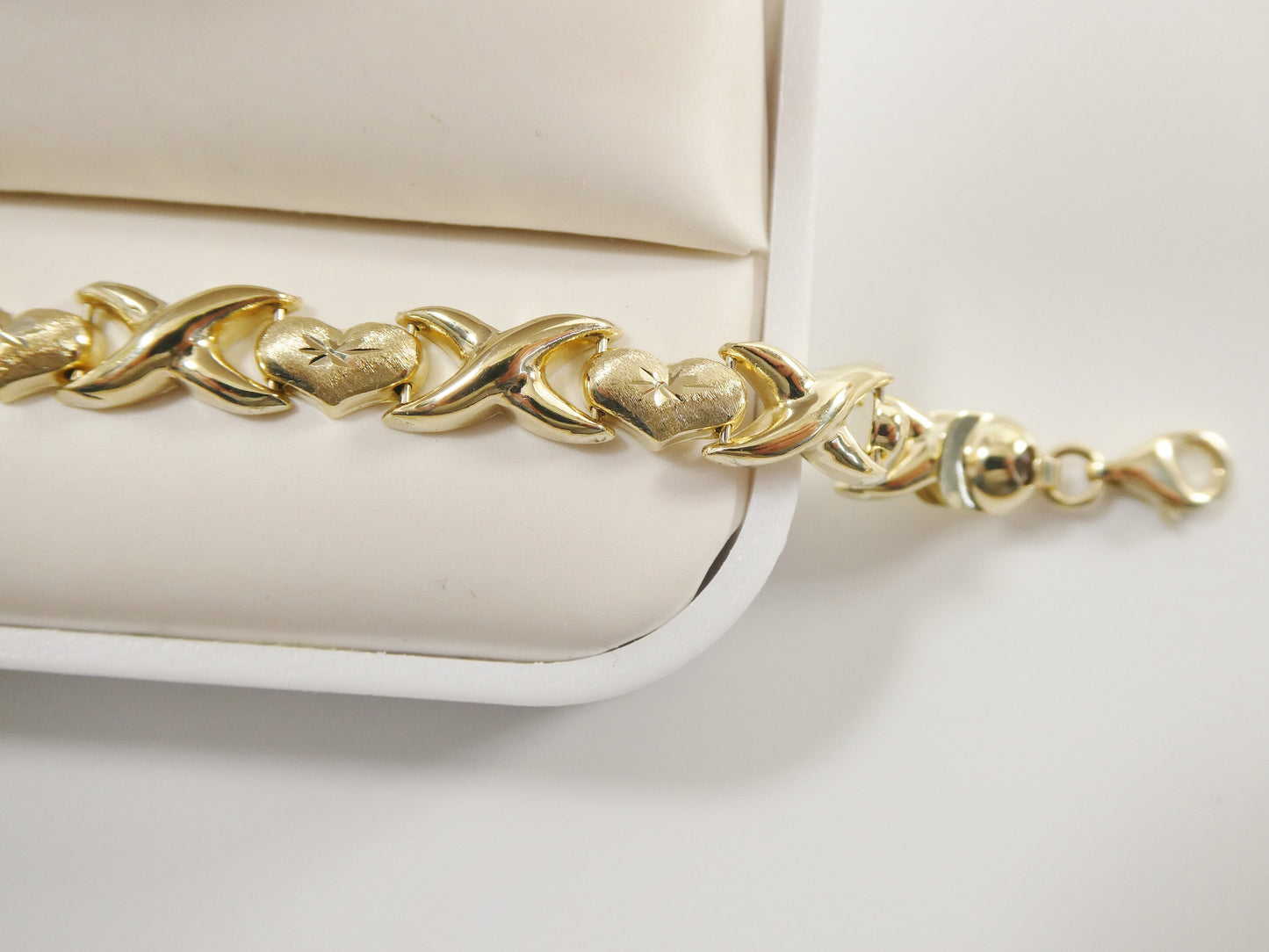 14k real solid yellow gold xo heart 7.25 inch bracelet