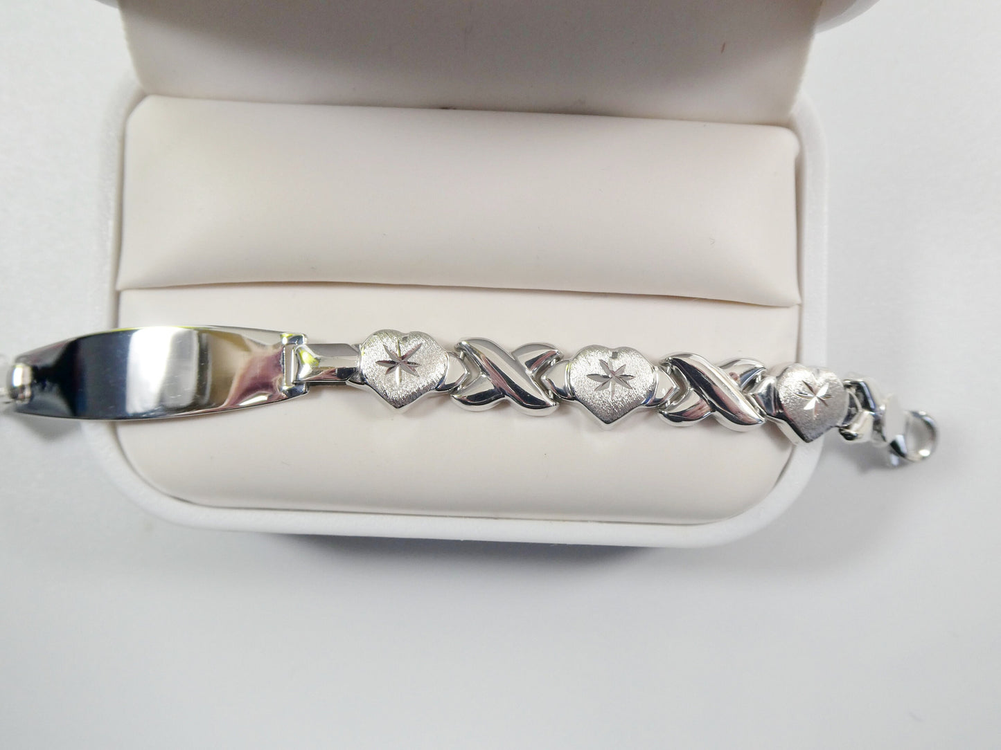 real 925 sterling silver stampato ID bracelet xo xo x heart 14k white gold finish