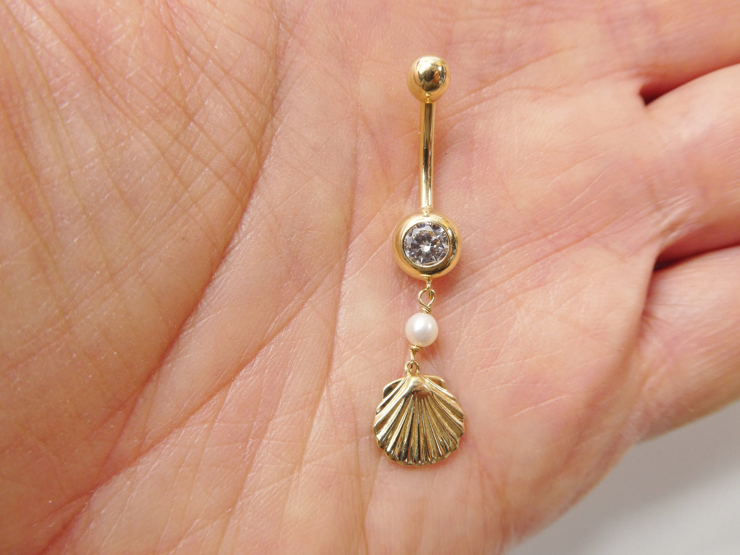 14k real solid yellow gold mother of pearl turtle belly button ring piercing
