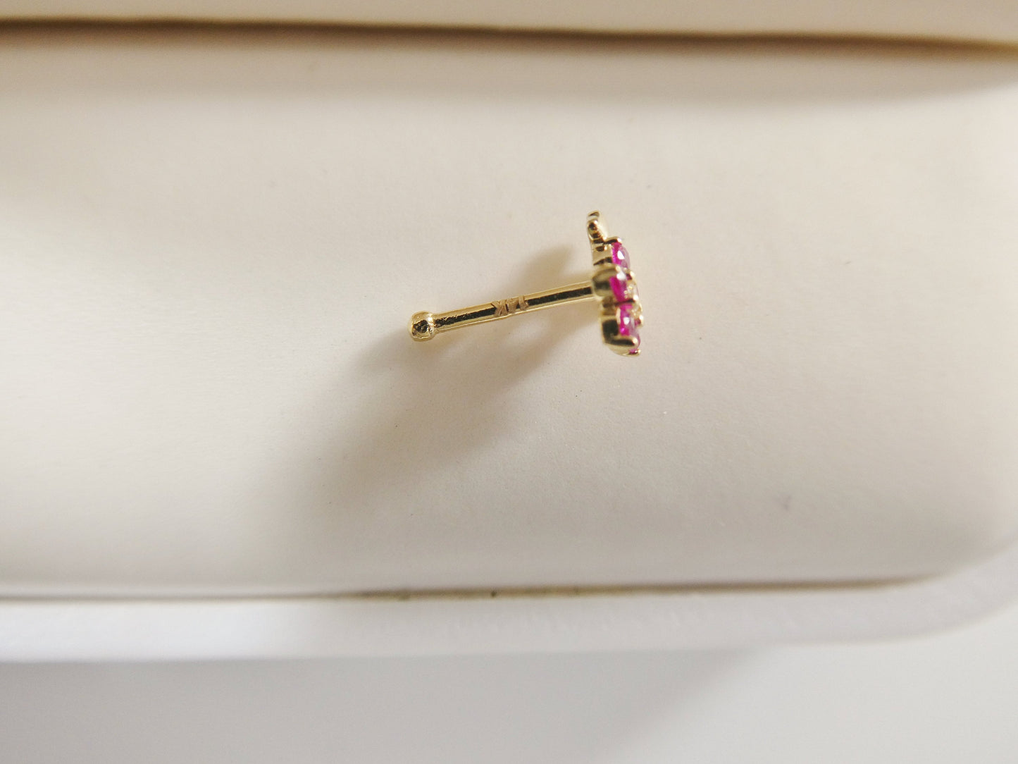 14k real solid yellow gold red stone leaf flower stud nose ring