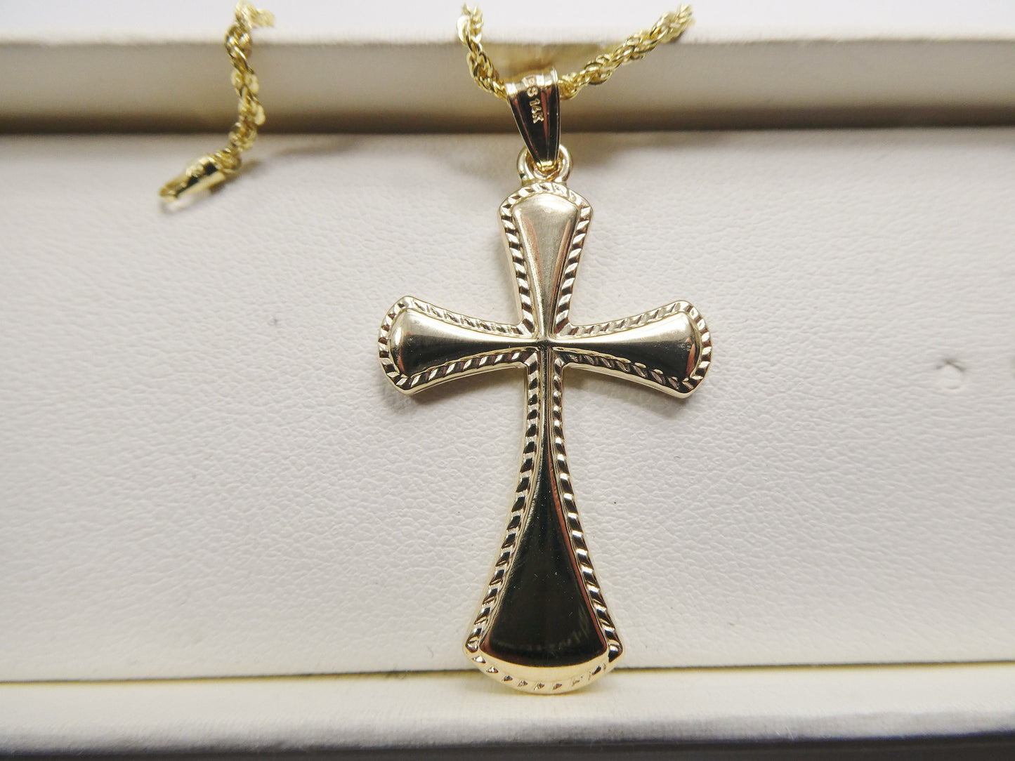 14k real solid yellow gold super high polish cross pendent and robe necklace