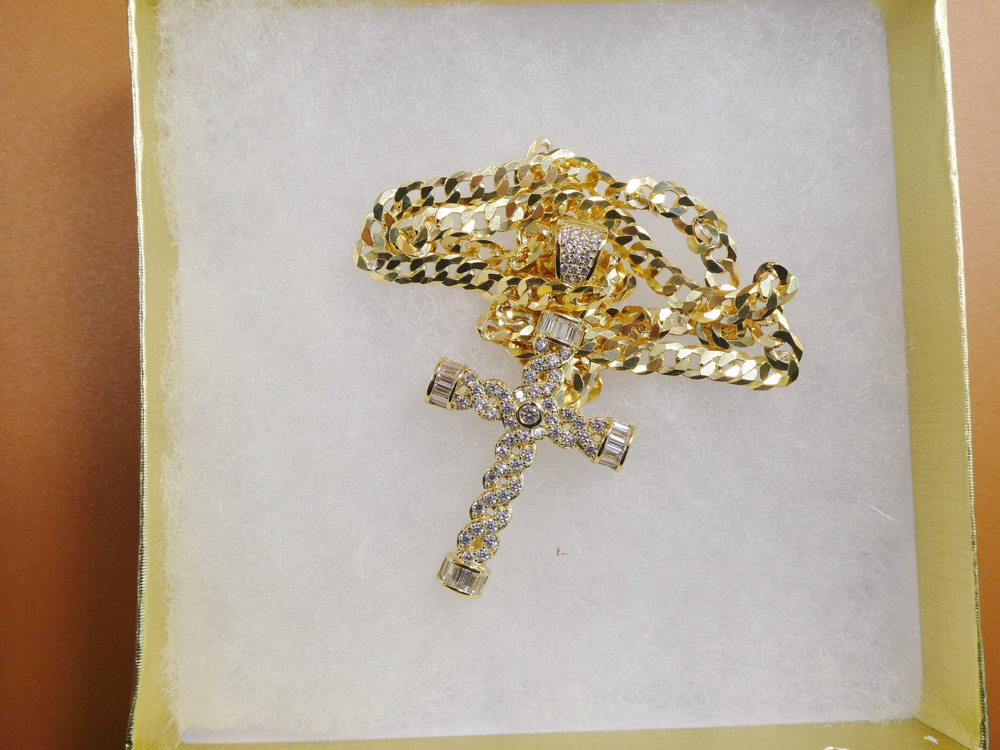 14k yellow gold color tone chain and cross charm pendent over real 925 sterling silver
