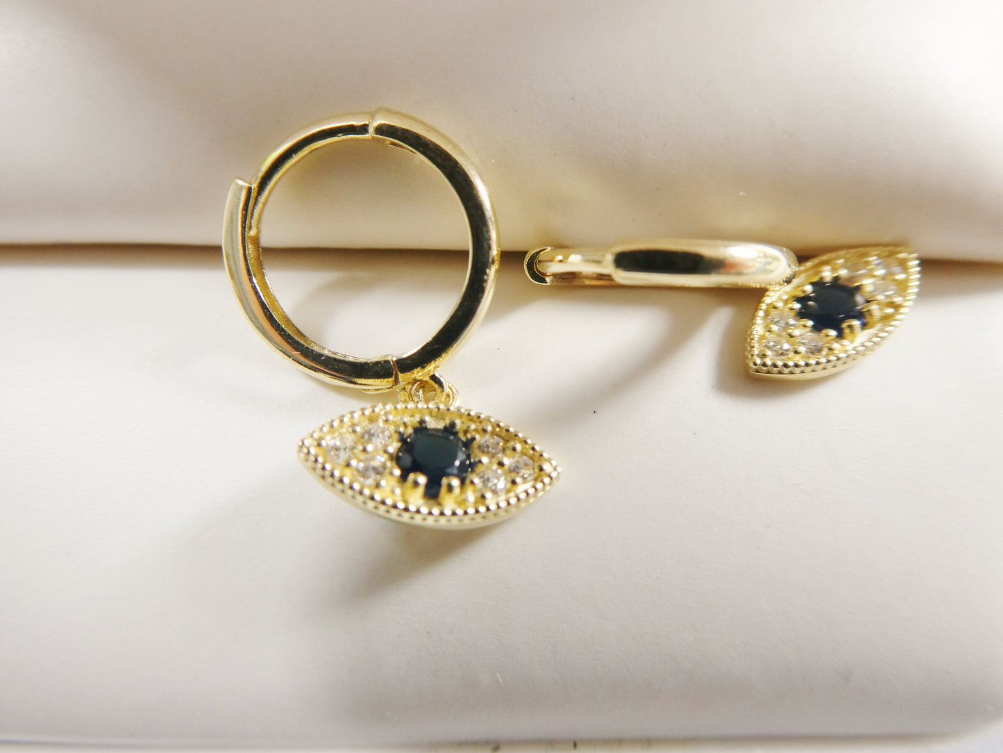 10k real yellow gold sapphire blue stone evil eye dropping plain huggie earring