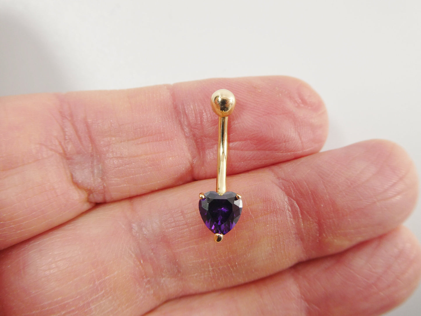 14k real solid yellow gold 6mm heart amethyst stone belly button ring piercing
