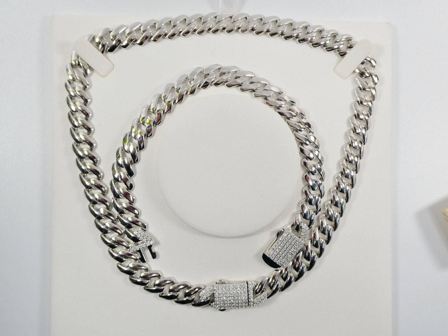 11mm real 925 sterling silver Monaco style bracelet and necklace 14k white gold finish