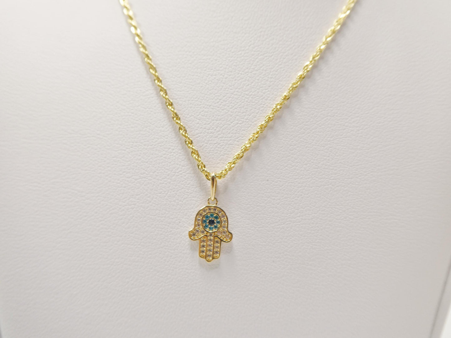 14k real solid yellow gold hand hamsa pendent and rope necklace