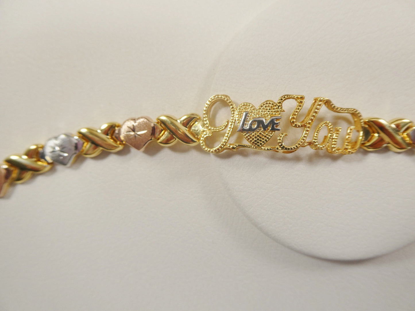 real 925 sterling silver I love you x and heart stampato bracelet 14k yellow gold tri color tone finish
