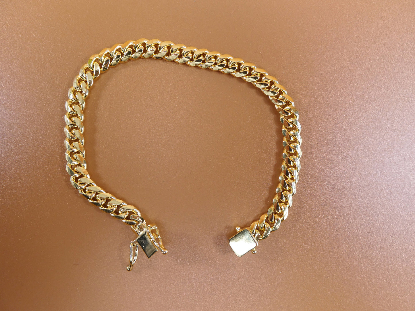 14k gold color tone solid box clasp lock Miami bracelet over real 925 sterling silver