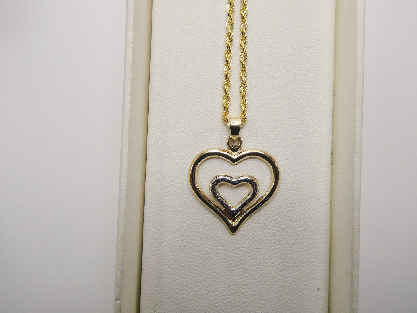 14k real solid yellow gold two tone double heart pendent and robe necklace