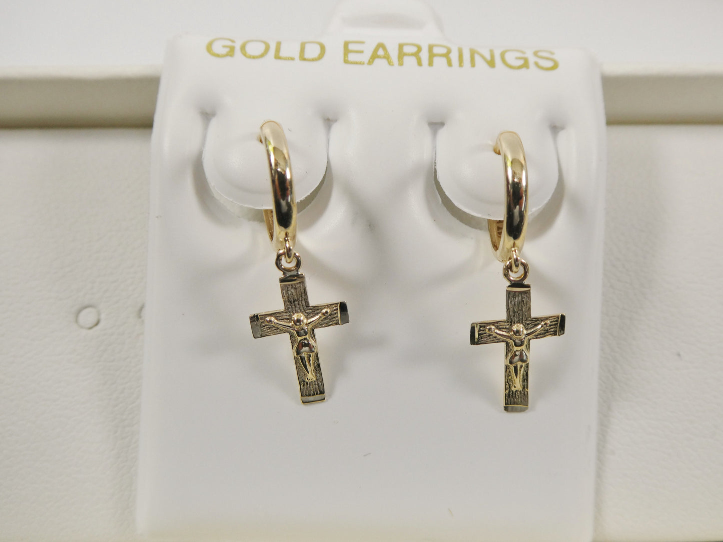 real 10k solid yellow gold hoop huggie dangle cross earring