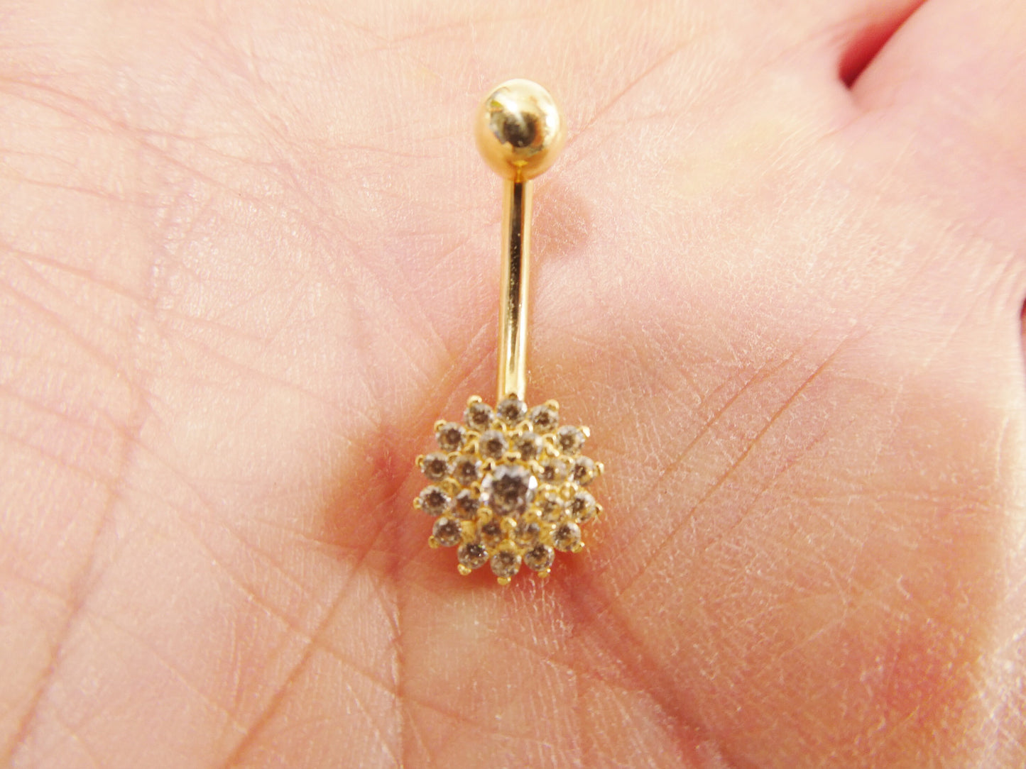 14k real solid yellow gold flower shaped belly button ring piercing