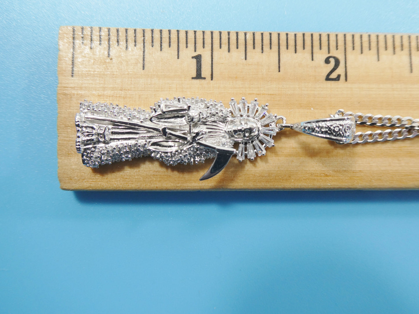 real 925 sterling silver 18 inch curb chain and santa muerte pendent charm