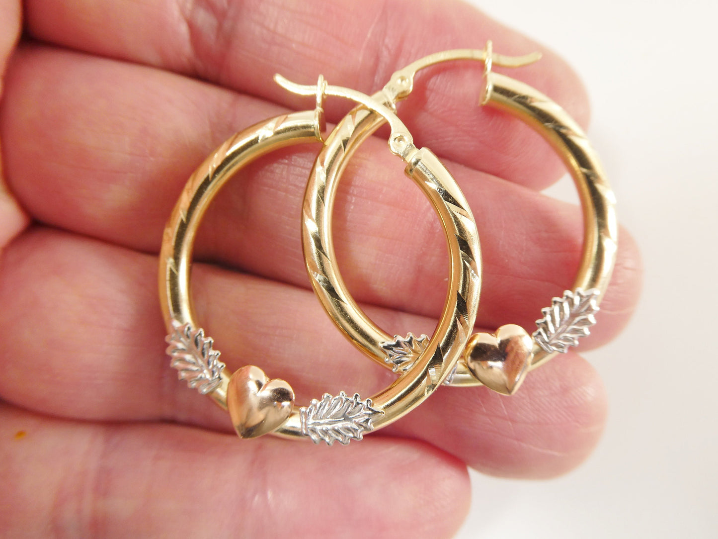 14K real solid yellow gold 3mm /25mm/35MM tri color heart center snap hoop earring