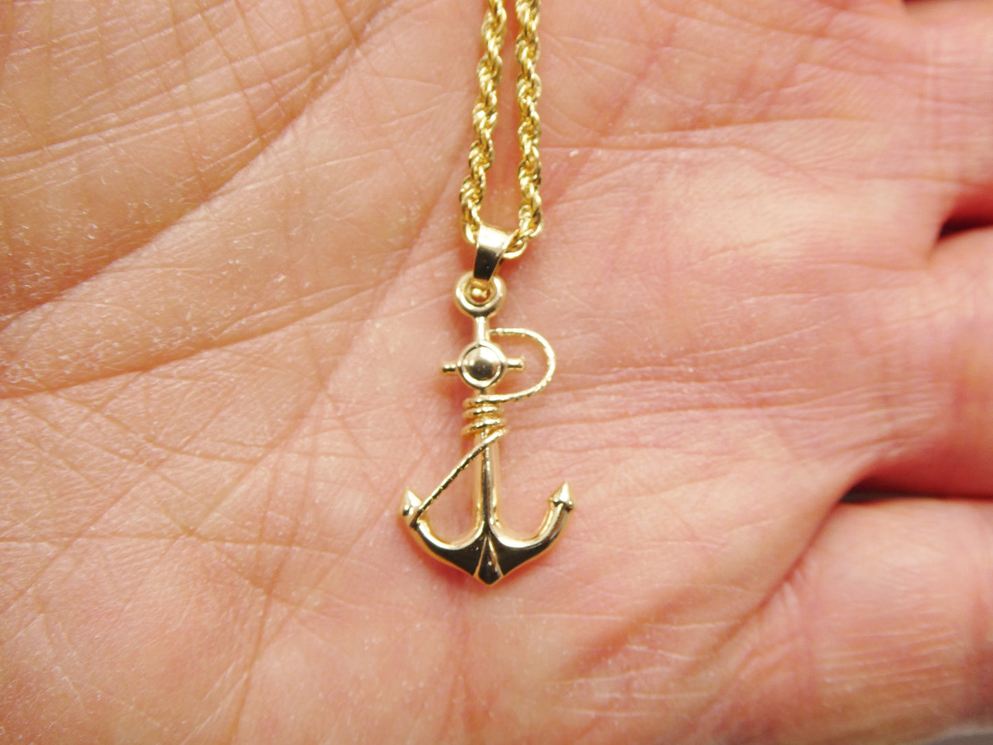 14k real solid yellow gold anchor pendent and robe necklace