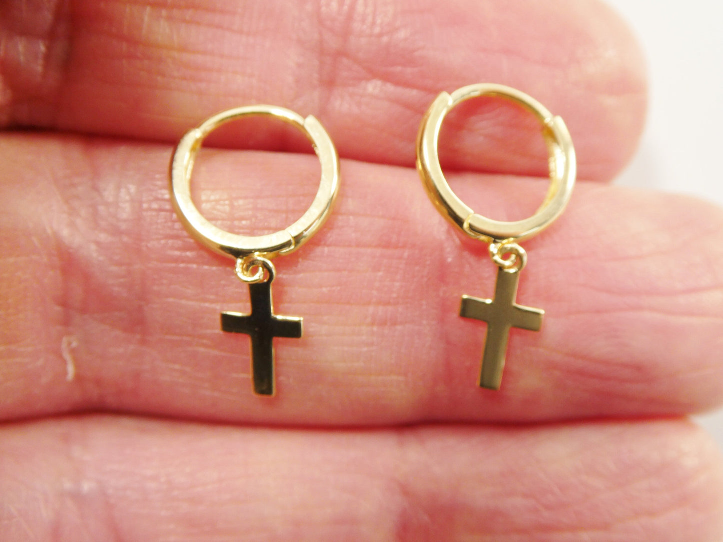 real 10k solid yellow gold hoop huggie dangle plain cross earring