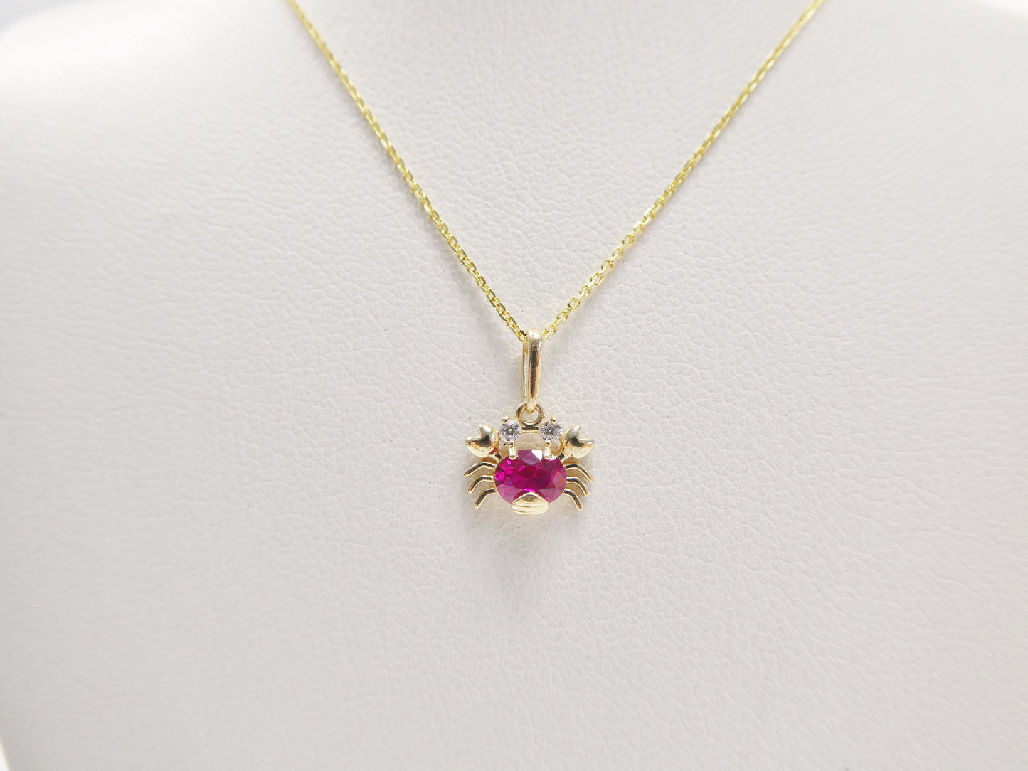 14k real solid yellow gold red stone crab pendent and cable necklace