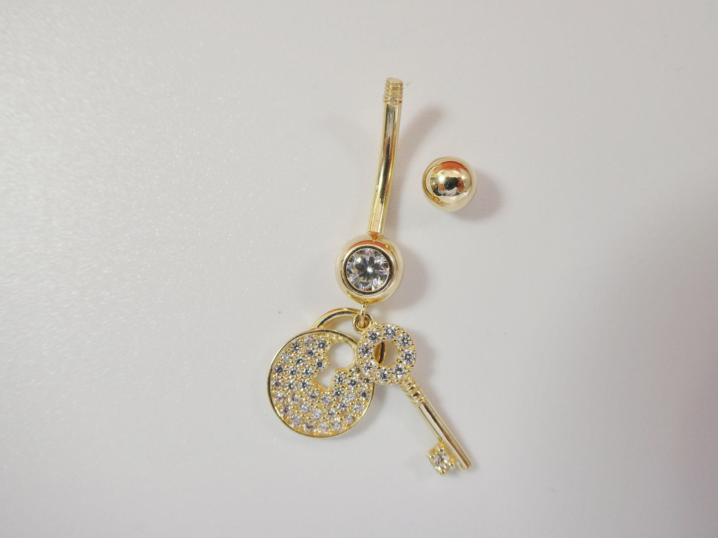 14k real solid yellow gold dangling lock and key belly button ring piercing