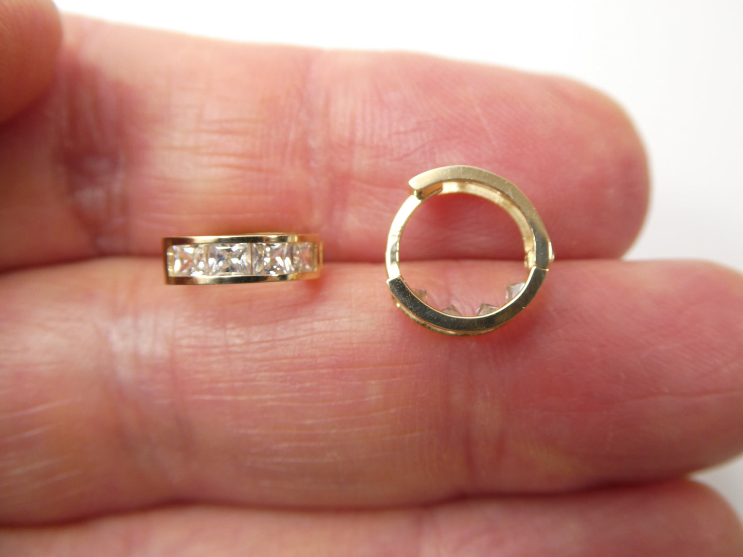 real 10k solid yellow gold square-cut stone hoop huggie earring