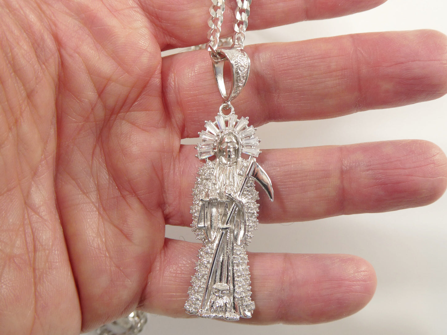 real 925 sterling silver 22 inch flat chain and large santa muerte pendent charm
